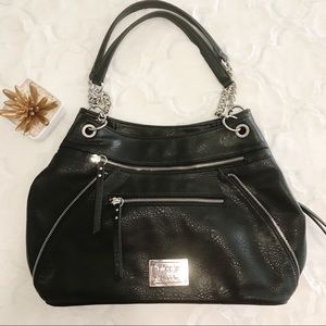 Nicole Miller black vegan leather silver chain bag